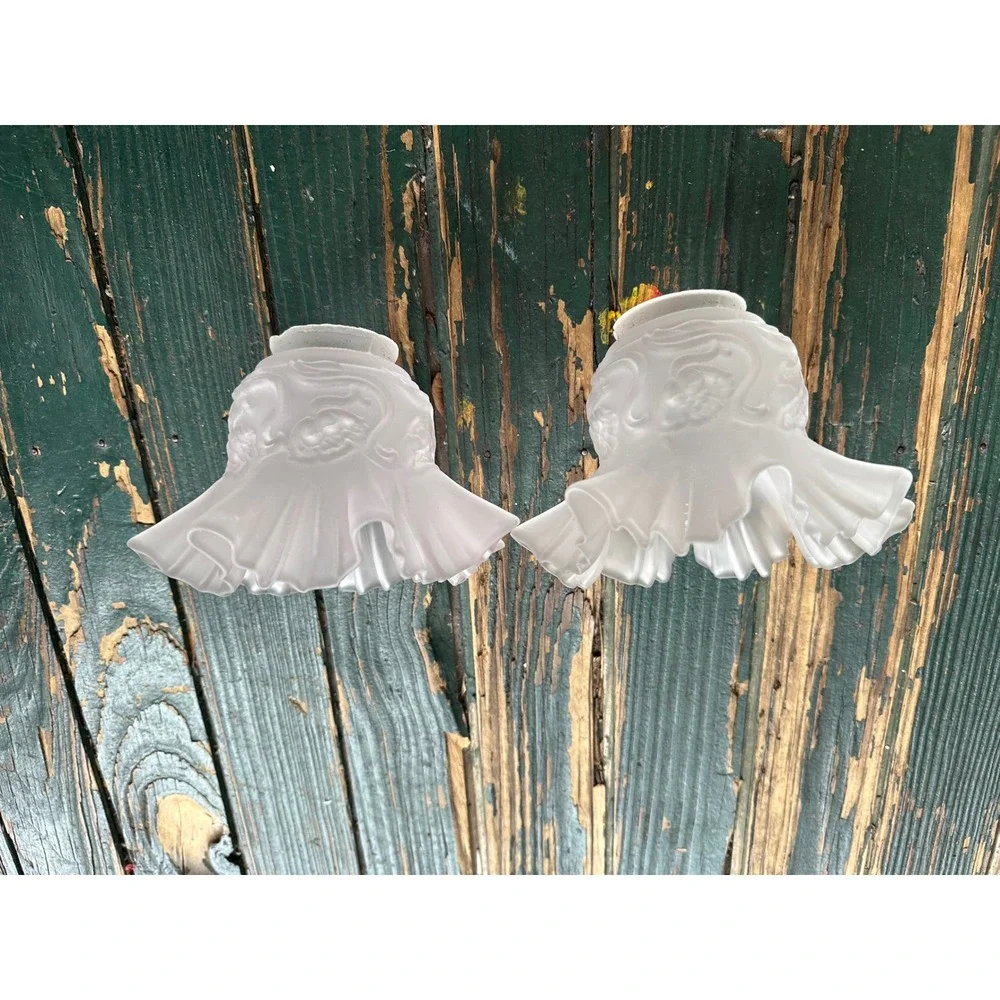 Vintage Frosted Glass Ruffled Lamp Shades Pair Floral Embossed Tulip 2.25 Fitter